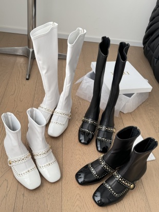 Chanel Pearl-Studded Multi-Strap Leather Ankle Boots