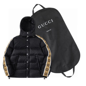 GUCCI Black Down Jacket with brown sleeve pattern