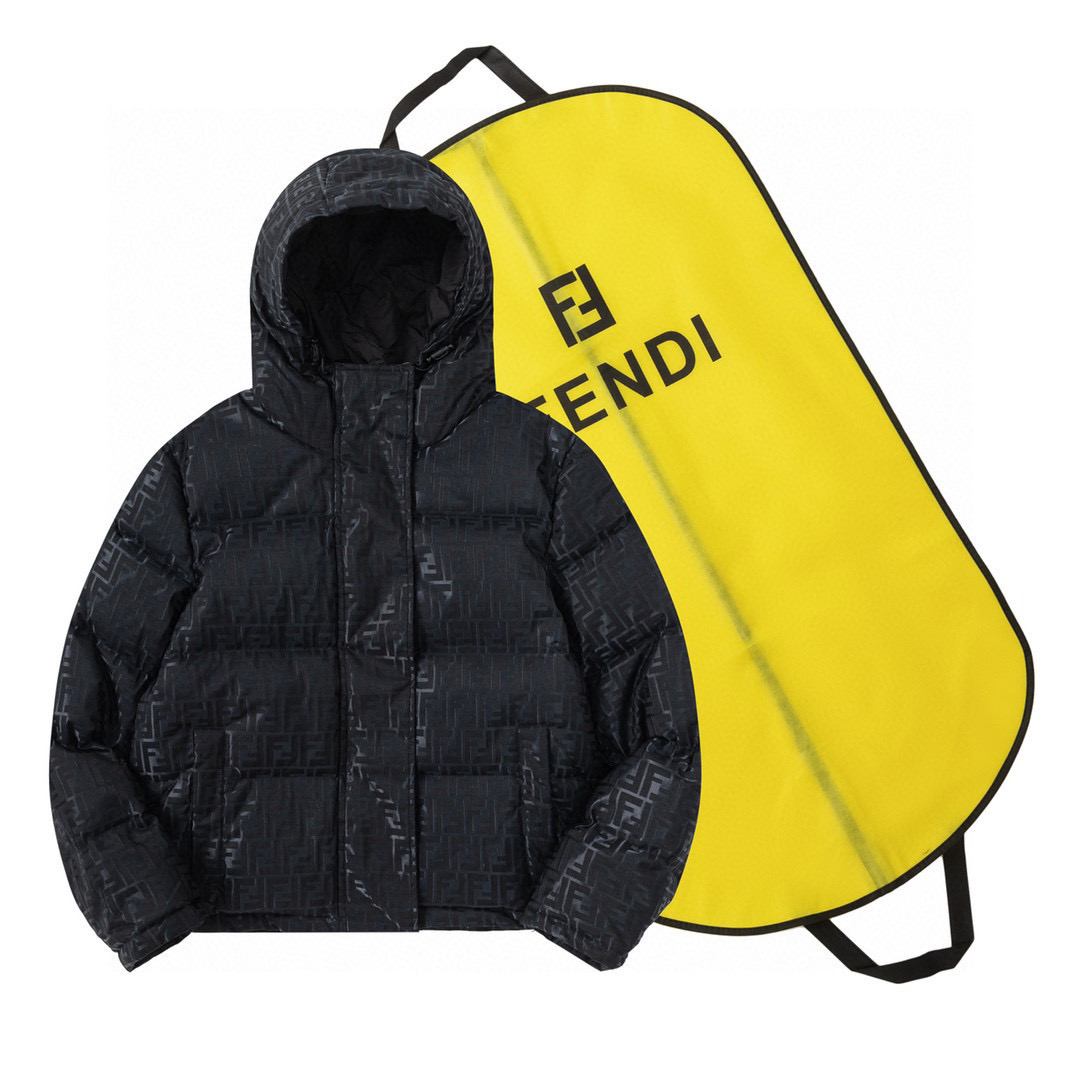 Fendi All-over monogram hooded down jacket with subtle double-F jacquard knit pattern