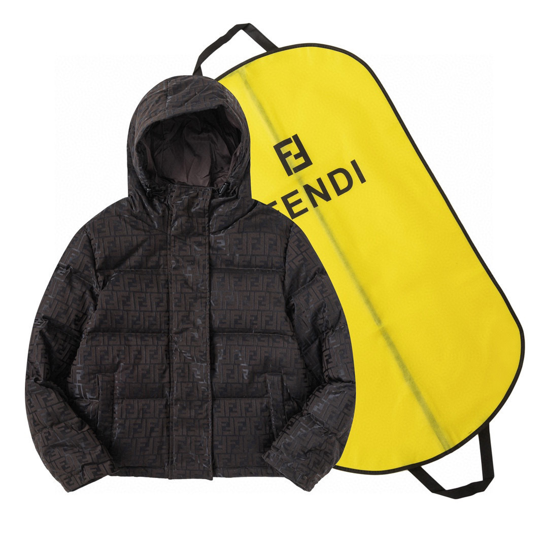 Fendi All-over Monogram Pattern Hooded Down Jacket Brown