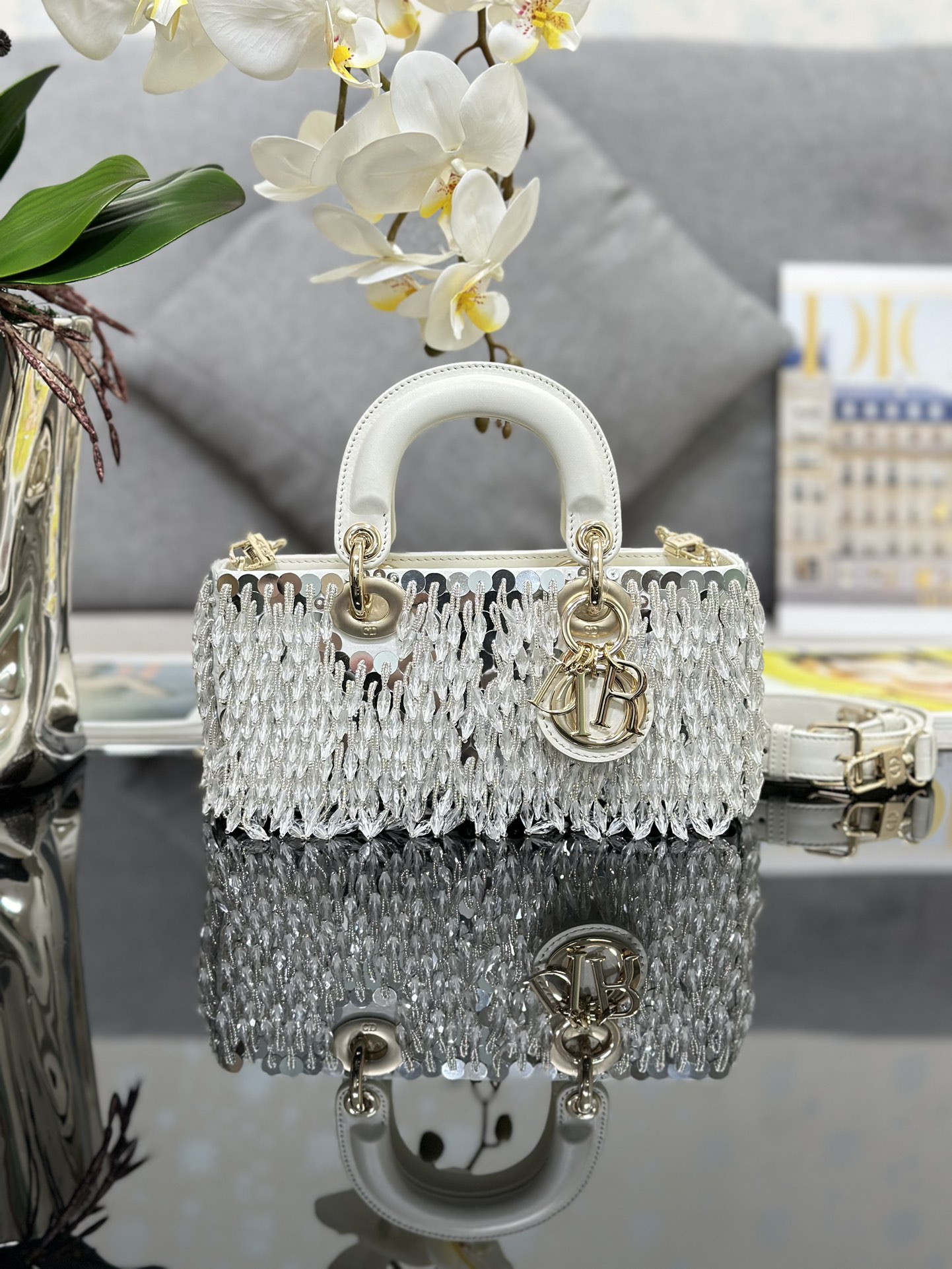 Lady D-Joy 22 Mini Bag – Silver Embroidered Beads