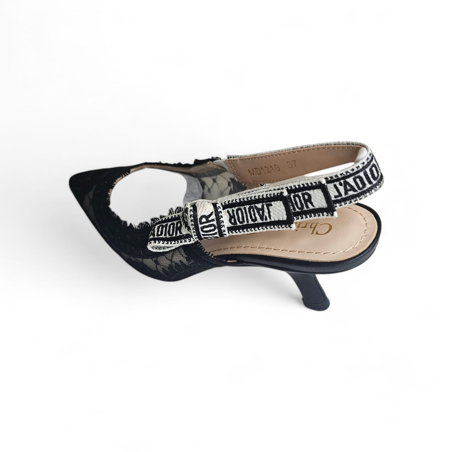 Embroidered designer-style "J’ADIOR" slingback